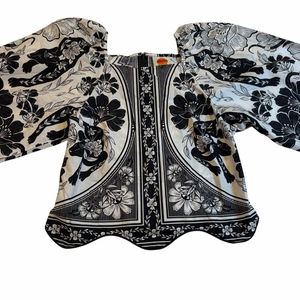 Farm Rio Leopard Floral Blouse | Black & White | Boat Neck | SMALL | NWT - Picture 2 of 12